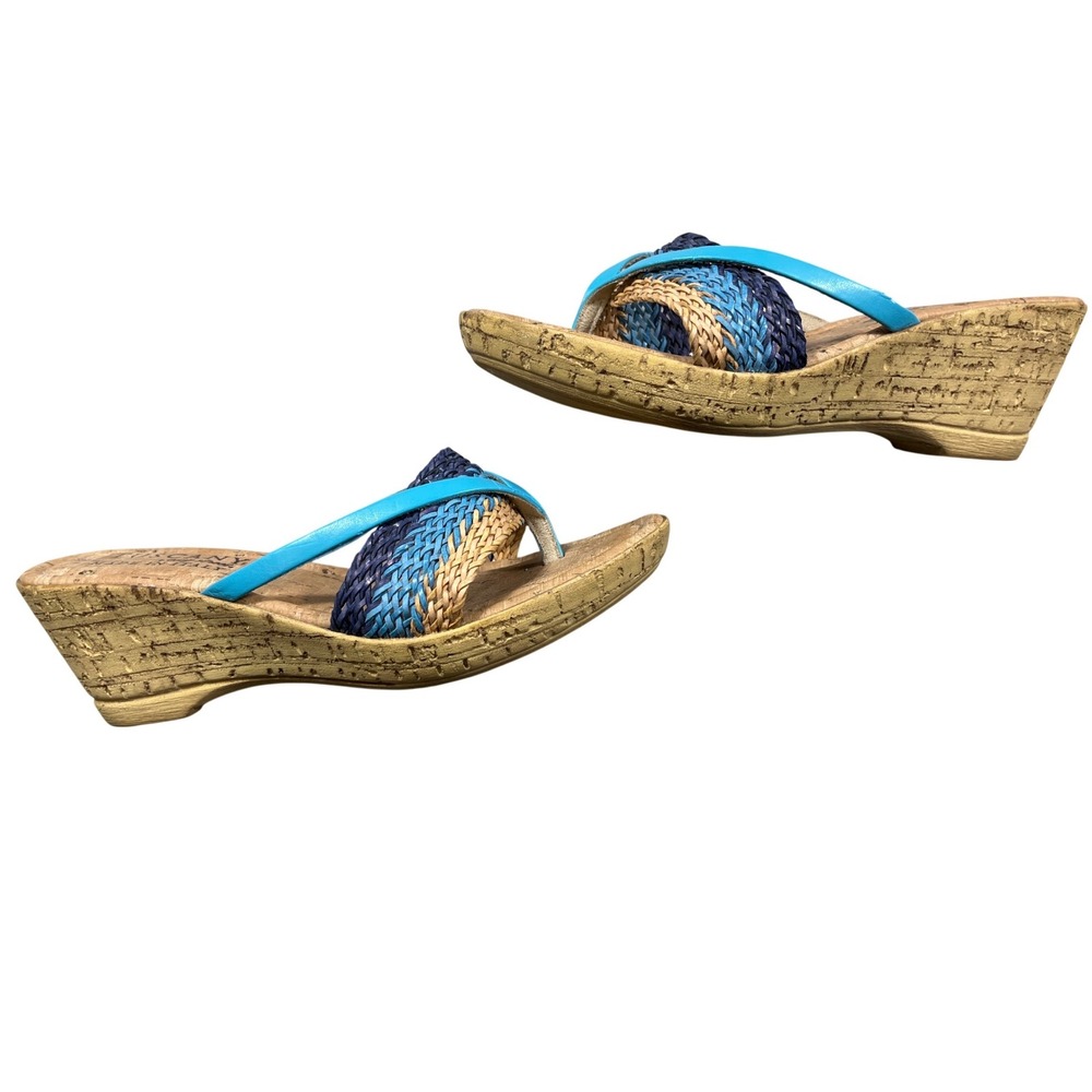 Tuscany Italy Cork Wedge Flip Flop Sandals Blue Raffia Woven Women's 7M